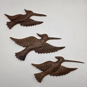 Set of Hand Carved Wooden Flying Birds Wall Art Mid Century Boho Decor
